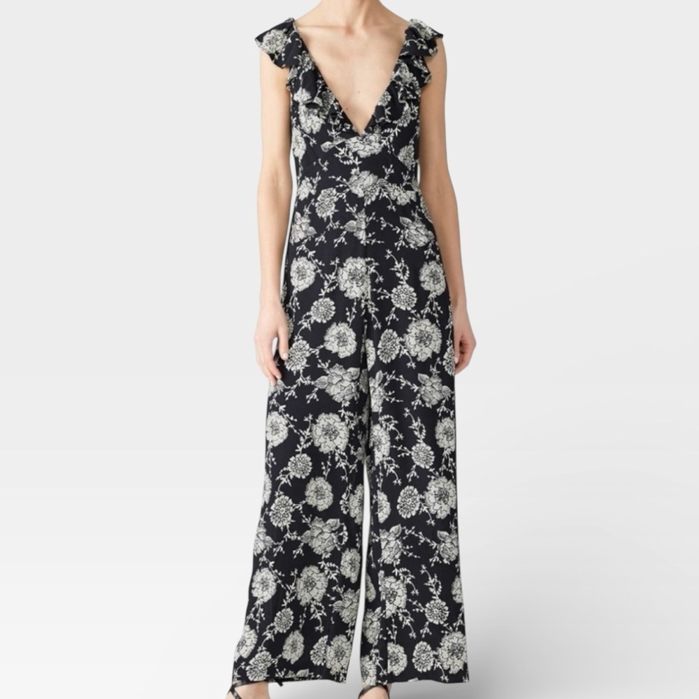 Cleobella Toledo Black Floral Ruffle Jumpsuit Size XS